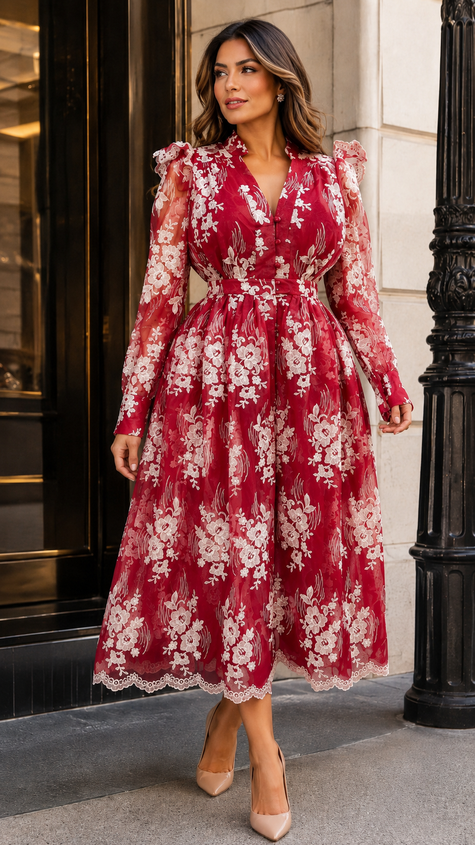 Vestido Midi Floral Bordado